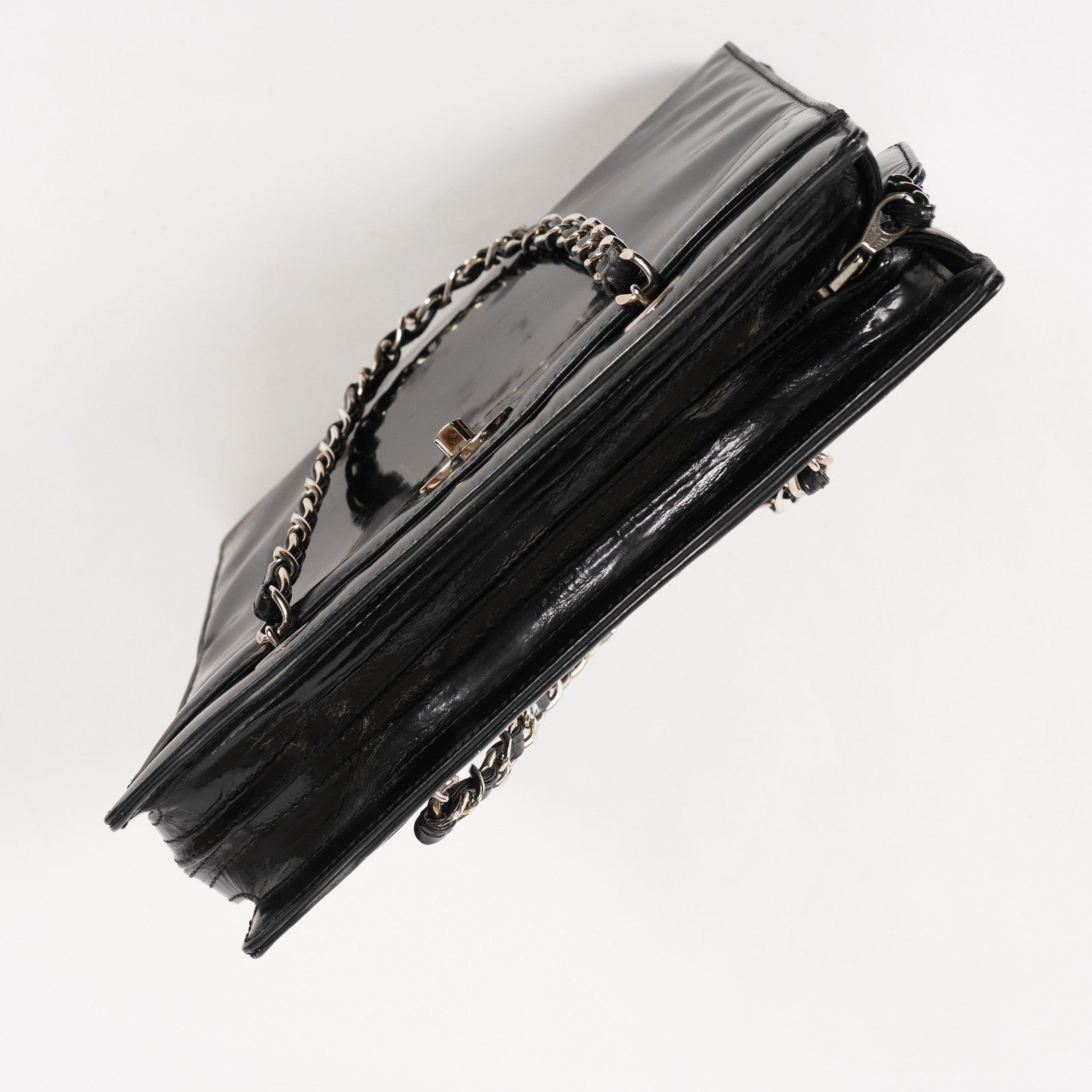 CHANEL CC Logo Chain Shoulder Tote Bag Patent Leather Vintage Black 03E255170011