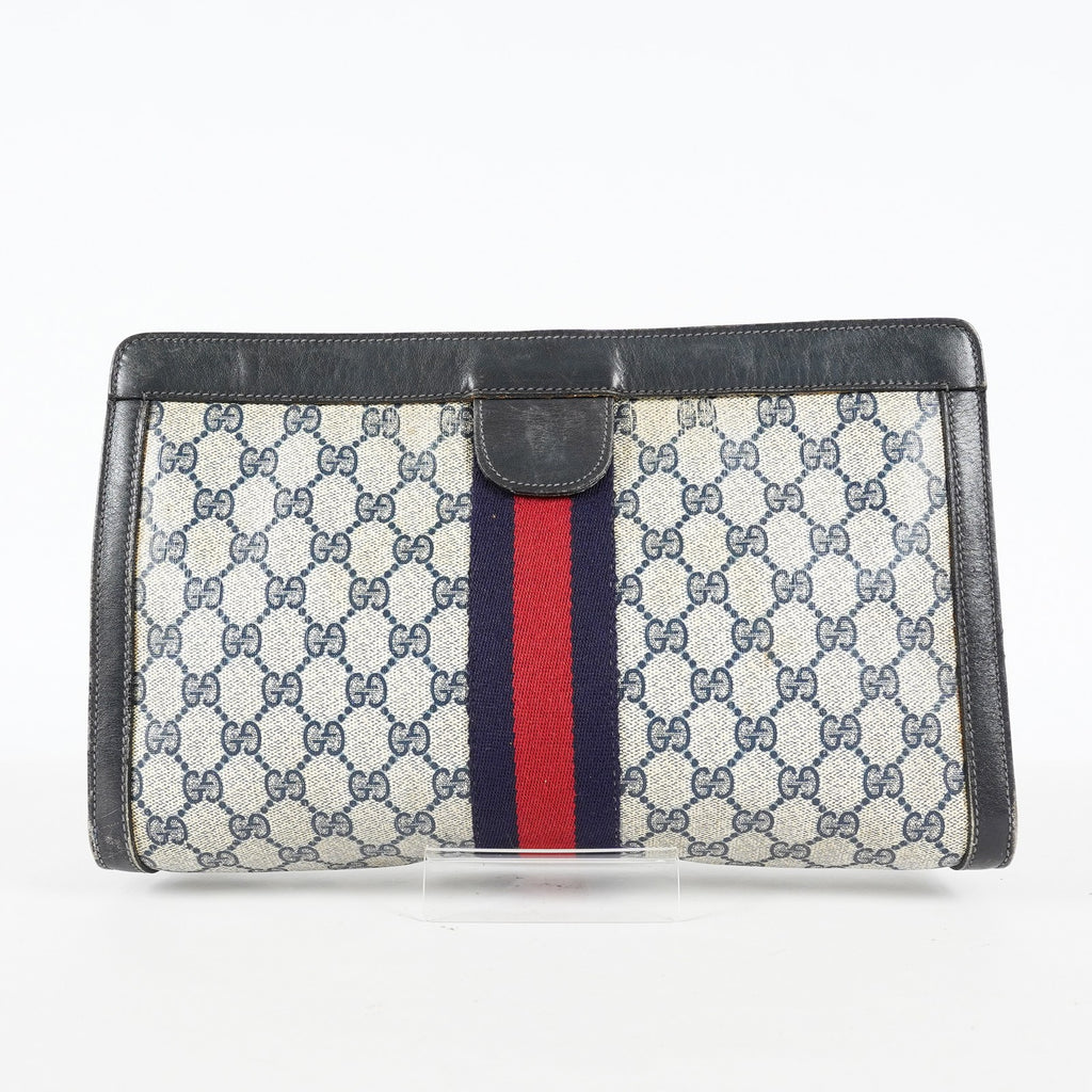 Gucci Clutch Bag Navy GG Canvas Leather Used Pouch Second Bag 09M441019708