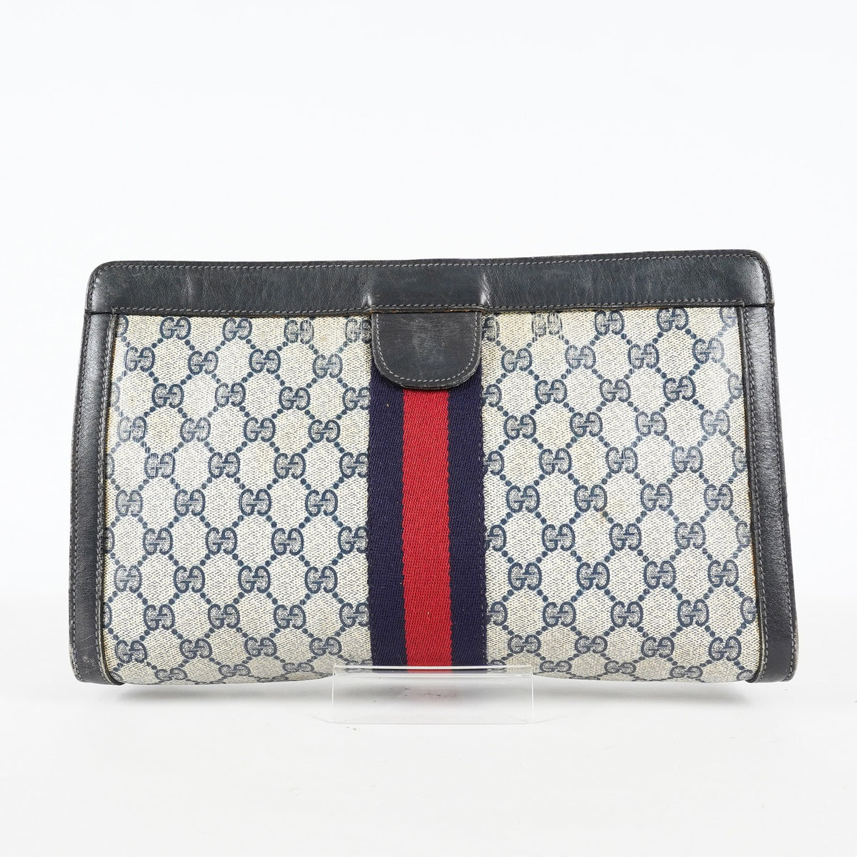 Gucci Clutch Bag Navy GG Canvas Leather Used Pouch Second Bag 09M441019708