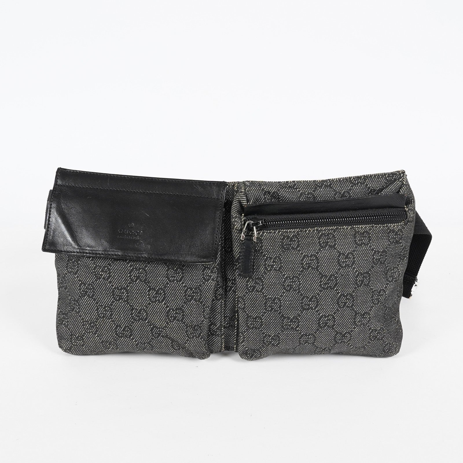Gucci GG Denim Waist Belt Bag 30cm Black Leather Trim Used Vintage 08E022310002