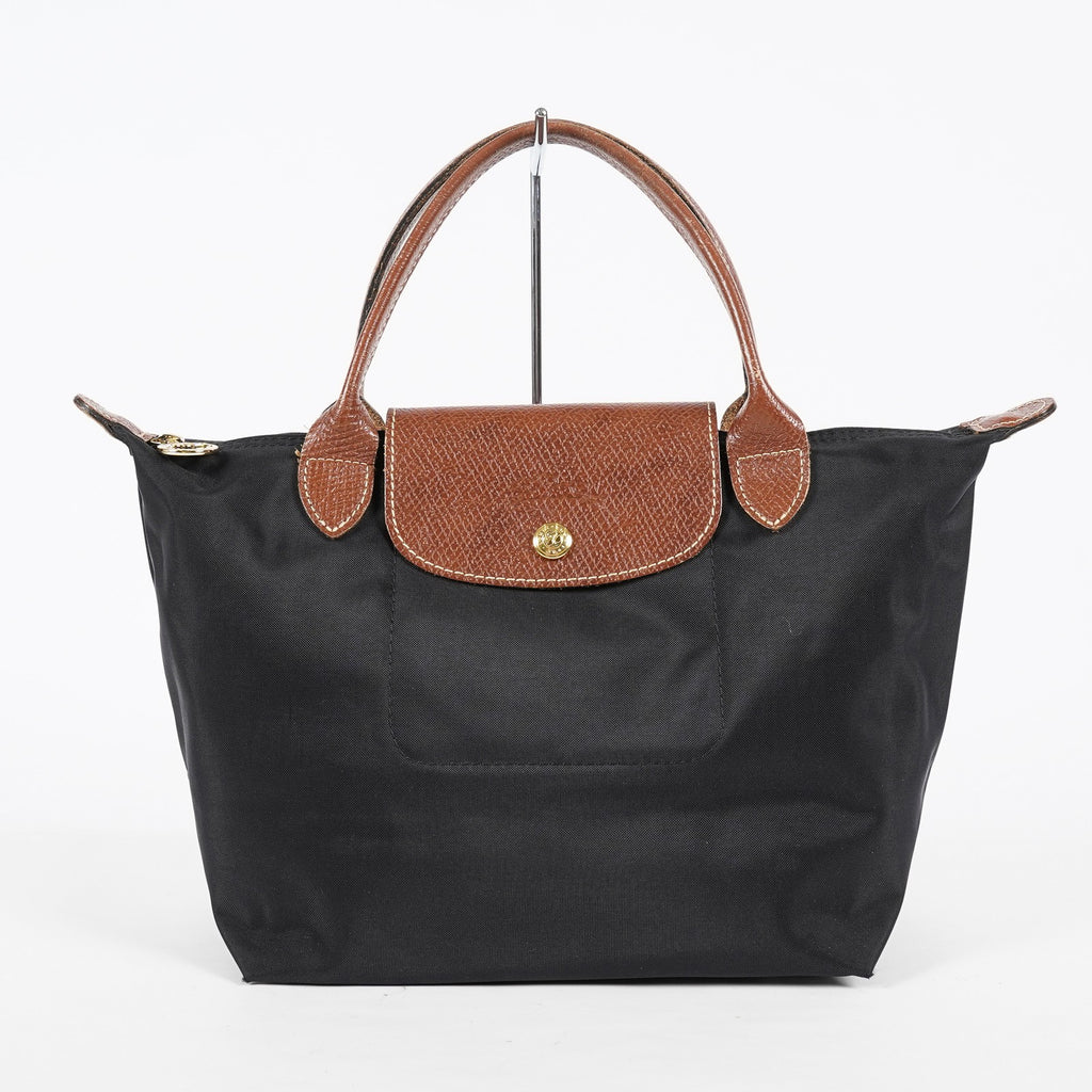 Longchamp Le Pliage Top Handle Tote Bag Black Nylon Leather M Used 08A261045003