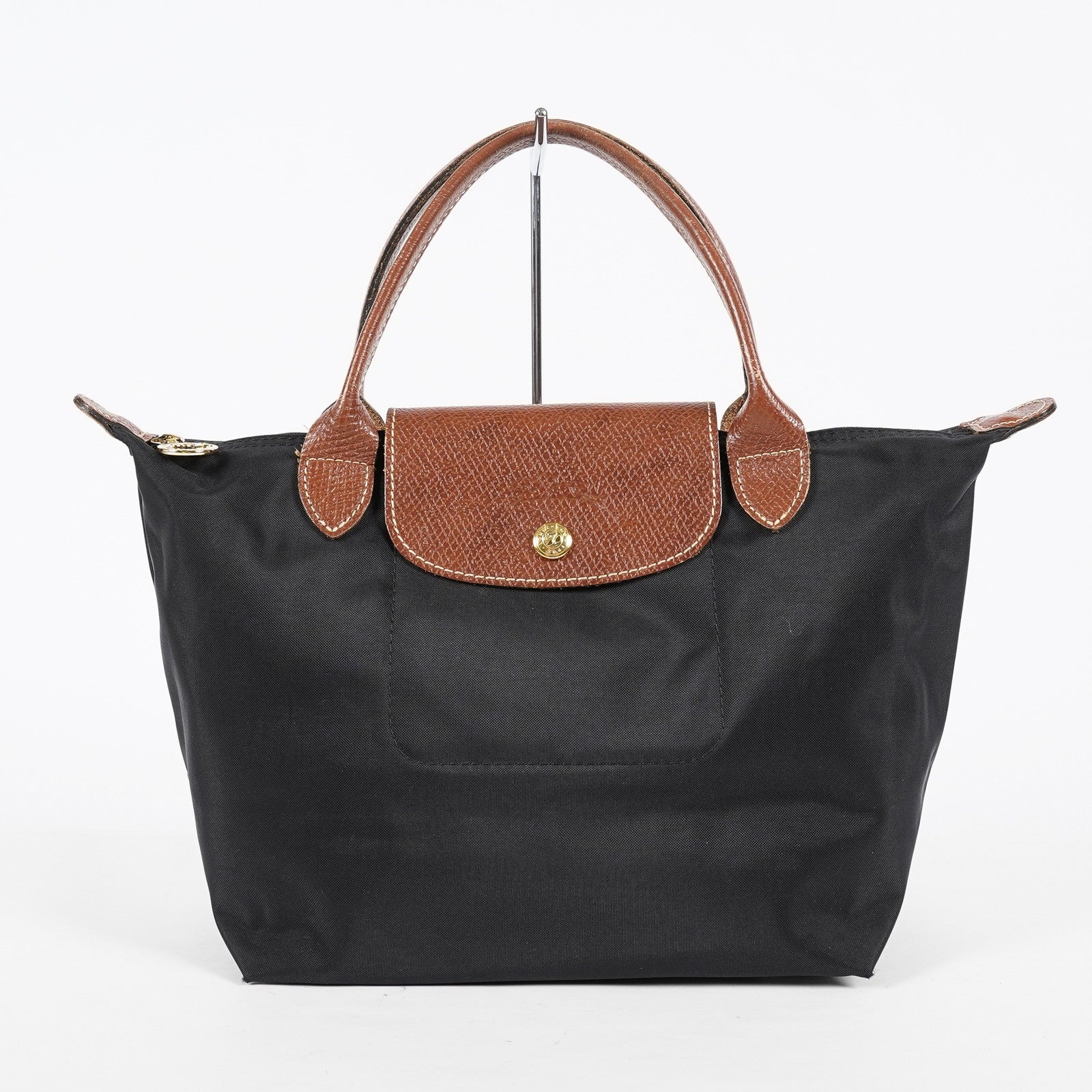 Longchamp Le Pliage Top Handle Tote Bag Black Nylon Leather M Used 08A261045003