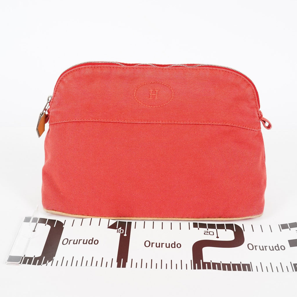 Hermes Bolide Pouch 27 Red Canvas Leather Trim Zip Cosmetic Bag Used 08E26825007