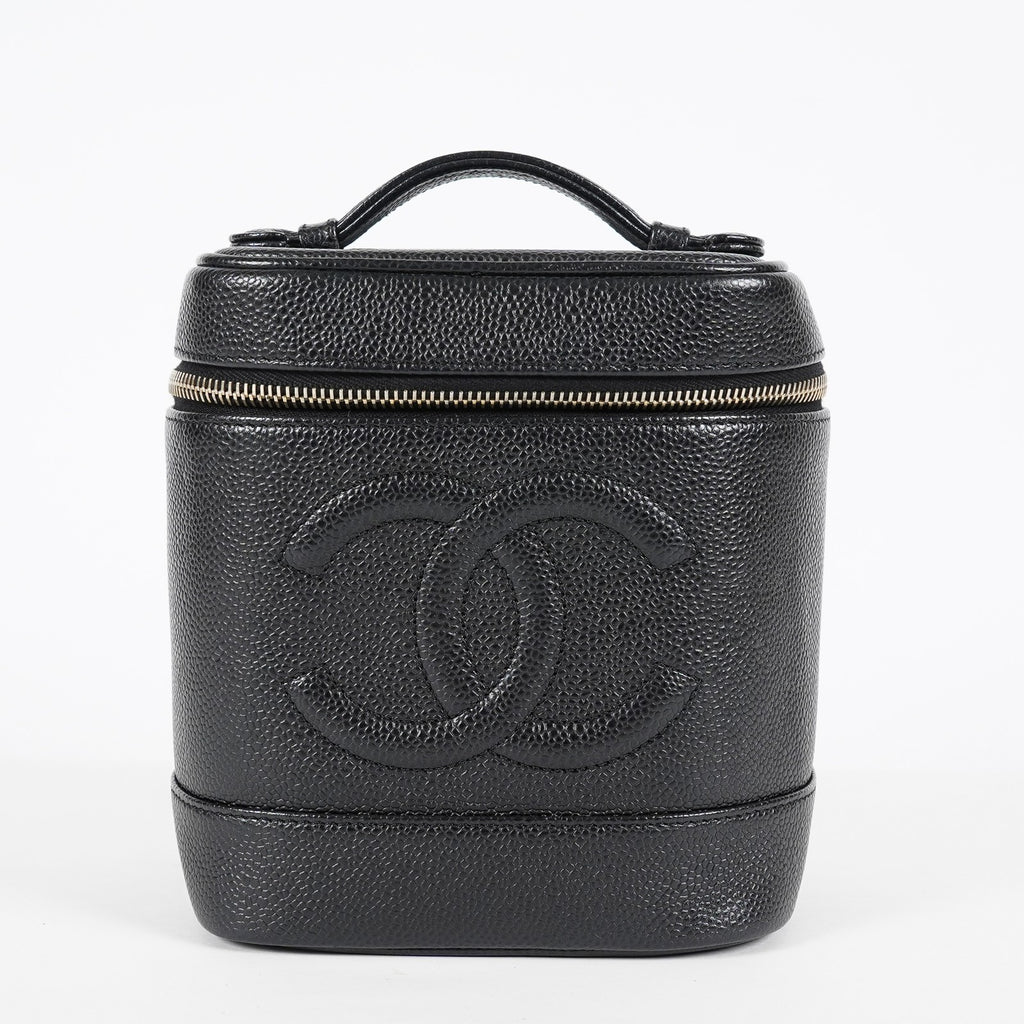 Chanel Caviar Skin Vanity Bag Top Handle 19cm Black Gold HW CC Used 08E066380006