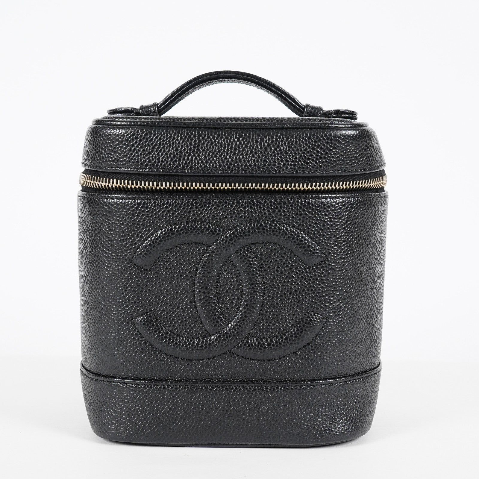 Chanel Caviar Skin Vanity Bag Top Handle 19cm Black Gold HW CC Used 08E066380006