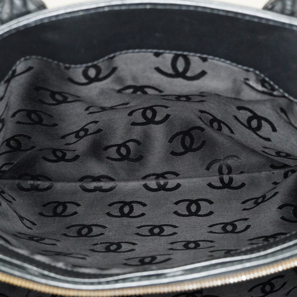 CHANEL CC Logo Tote Bag 40cm Black Leather Silver Hardware Used 07E1711440027