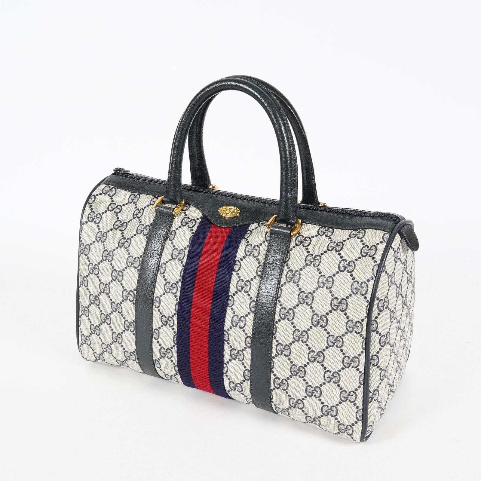 Gucci Sherry Line GG Supreme Boston Bag Navy Canvas Hand Bag Used 07E182860015