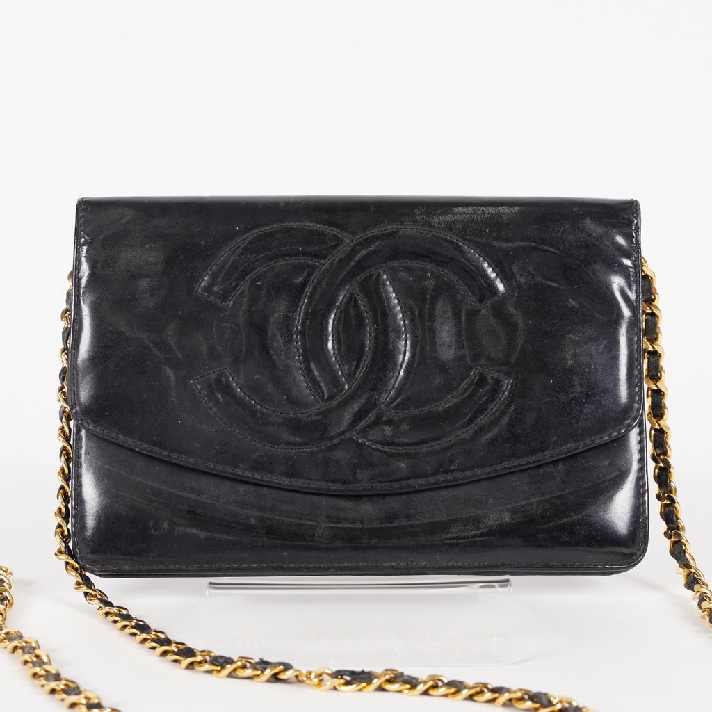 Chanel Coco Mark Shoulder Chain Wallet Black Women's Enamel vintage 05E294730016