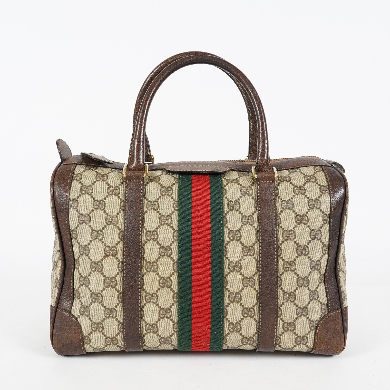 Gucci Vintage GG Supreme Sherry Line Mini Boston Bag Beige Leather 07E052640017