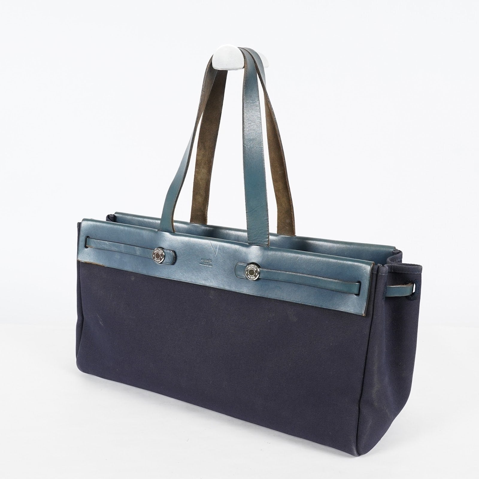 Hermes Herbag Cabas MM Navy Canvas Blue Leather Tote Hand Bag Used 08E043960012