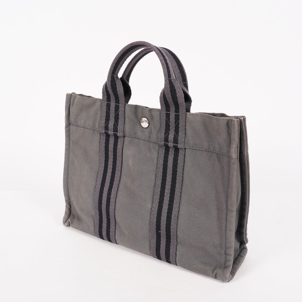 Hermes Fourre-Tout PM Tote Bag Gray Canvas Black Stripe Used Vintage 06E01825030