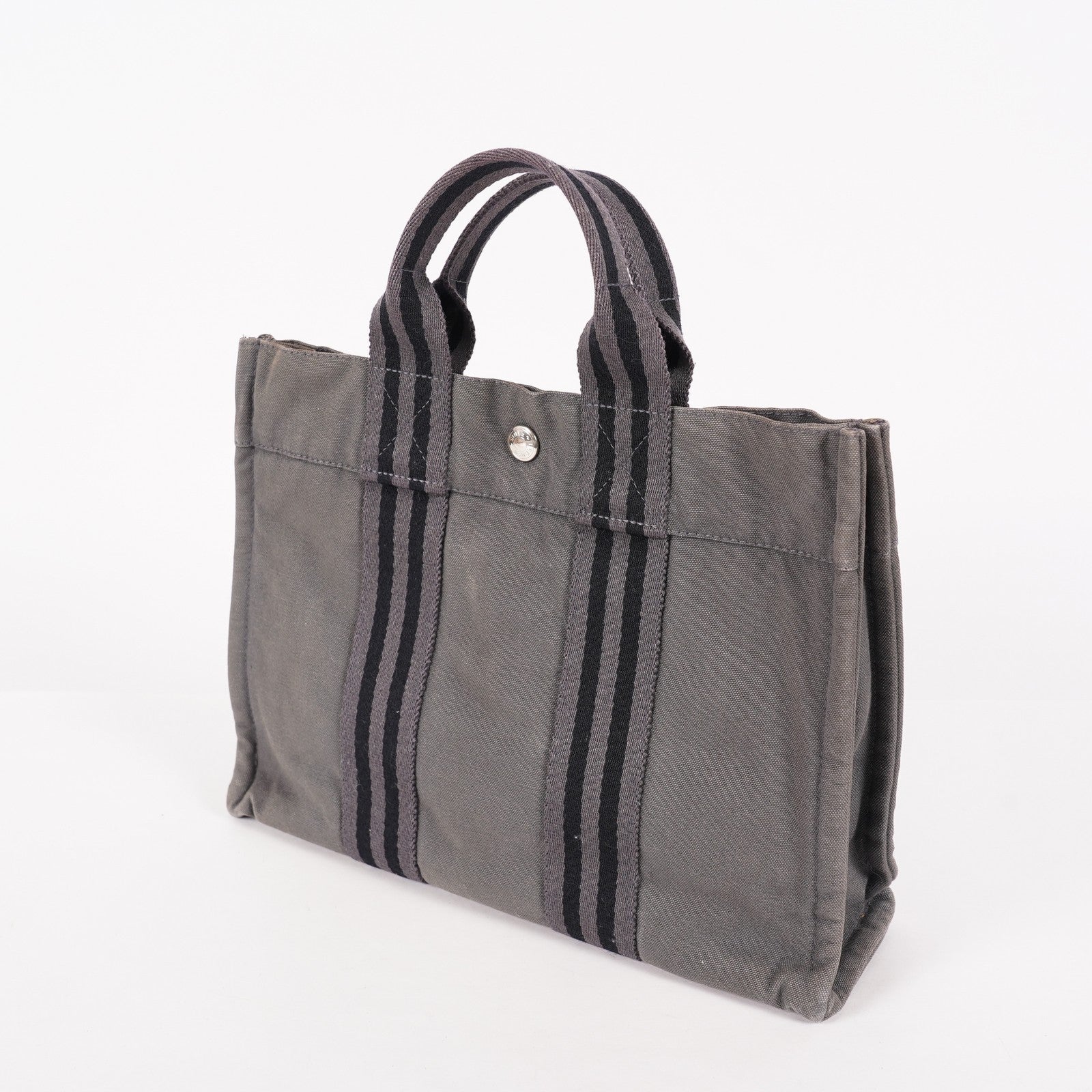 Hermes Fourre-Tout PM Tote Bag Gray Canvas Black Stripe Used Vintage 06E01825030
