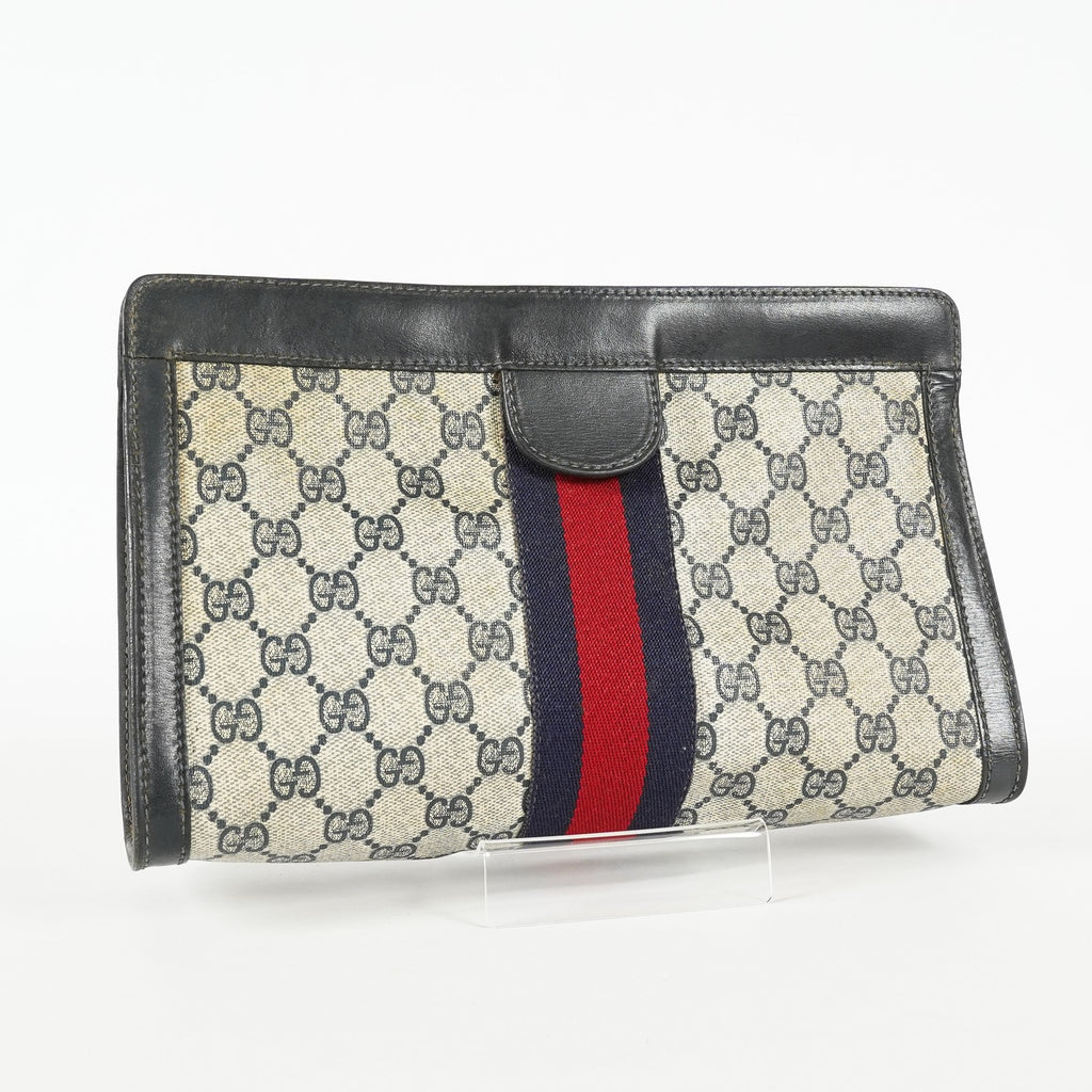 Gucci GG Supreme Clutch Bag 29cm Navy Canvas Leather Used Auth 09E20935010