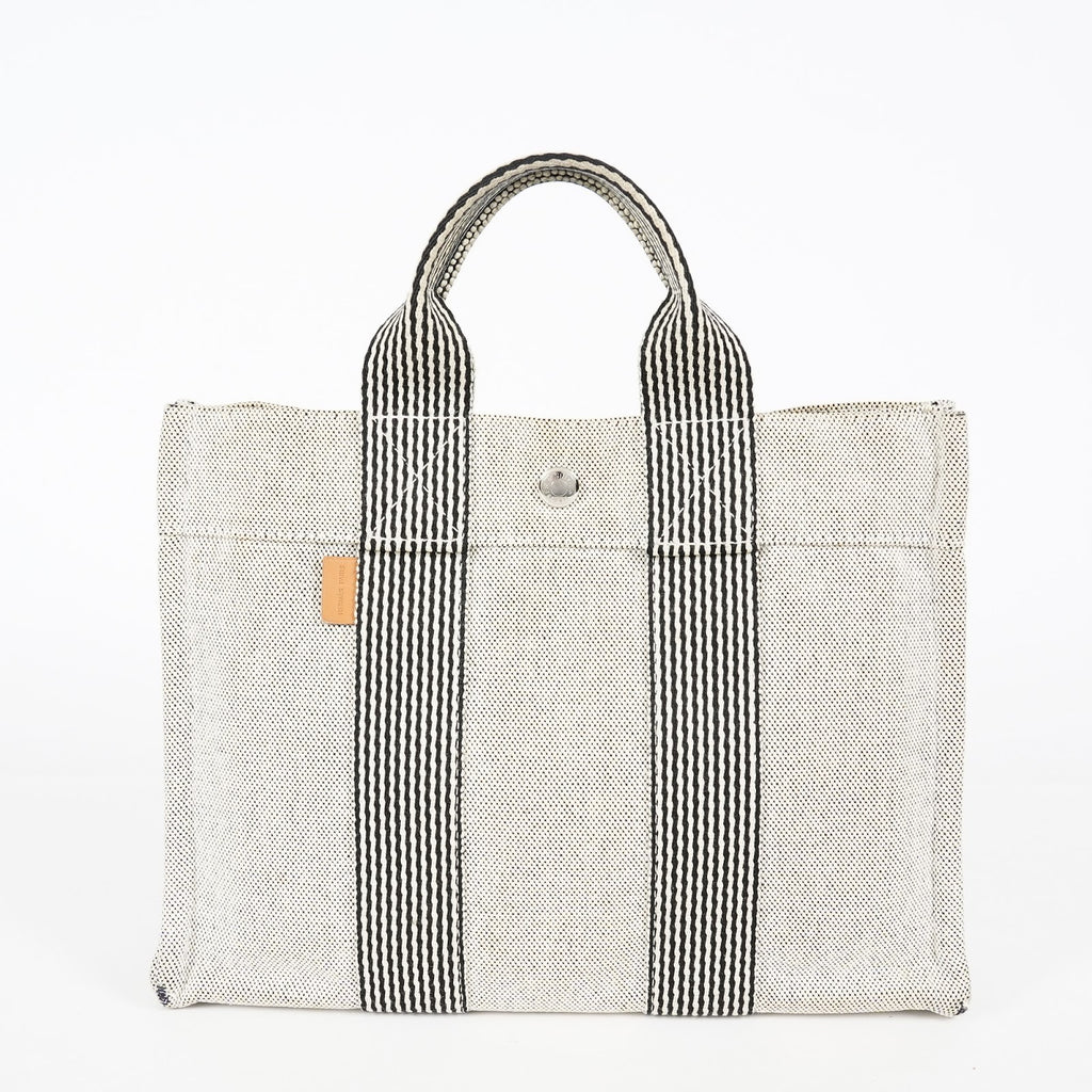 HERMES Fourre Tout PM Canvas Tote Hand Bag Gray Black Stripe 08E23825010