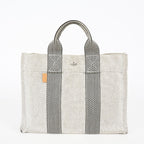 HERMES Fourre Tout PM Canvas Tote Hand Bag Gray Black Stripe 08E23825010