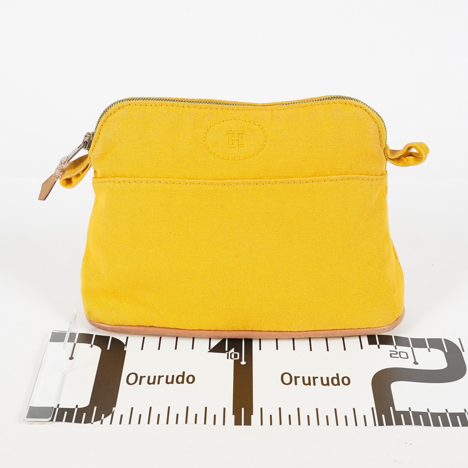 Hermes Bolide Pouch 23 Yellow Canvas Leather Trim Zip Pouch Bag Used 08E33825007