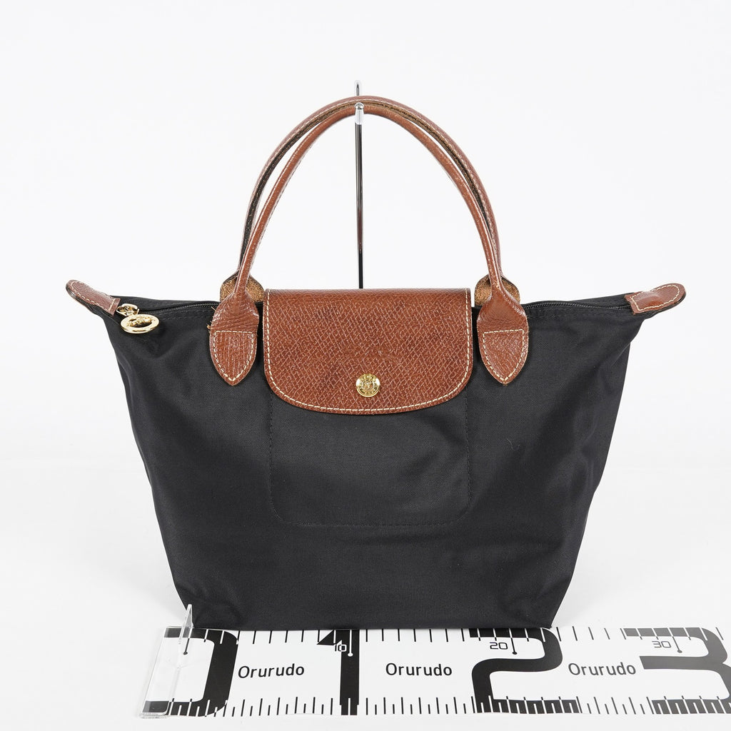 Longchamp Le Pliage Top Handle Tote Bag Black Nylon Leather M Used 08A261045003