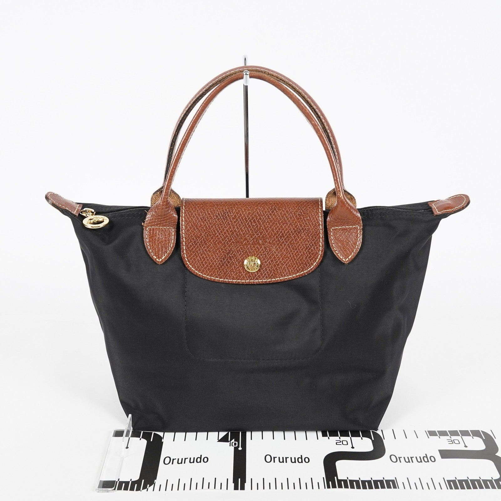 Longchamp Le Pliage Top Handle Tote Bag Black Nylon Leather M Used 08A261045003