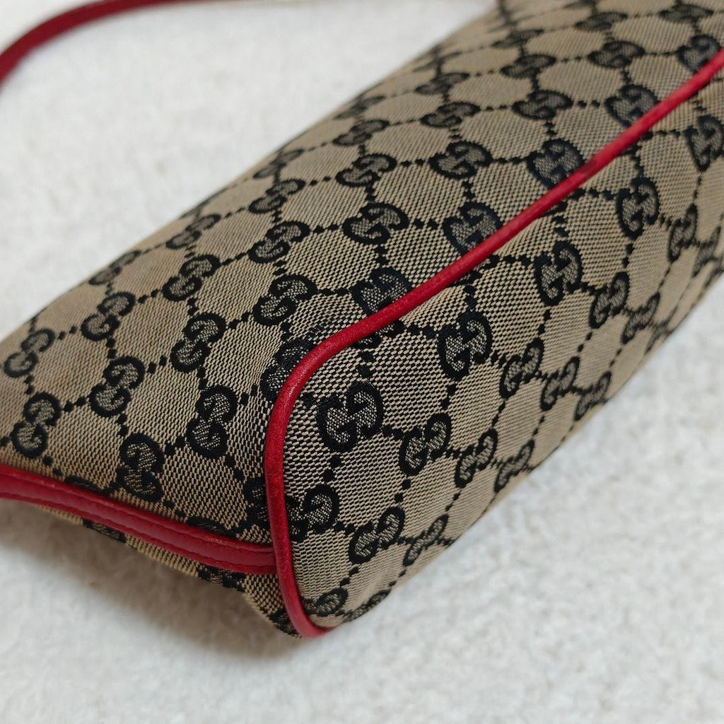 Gucci GG Canvas Handbag Pochette 24cm Beige Red Vintage Used 08M022308023