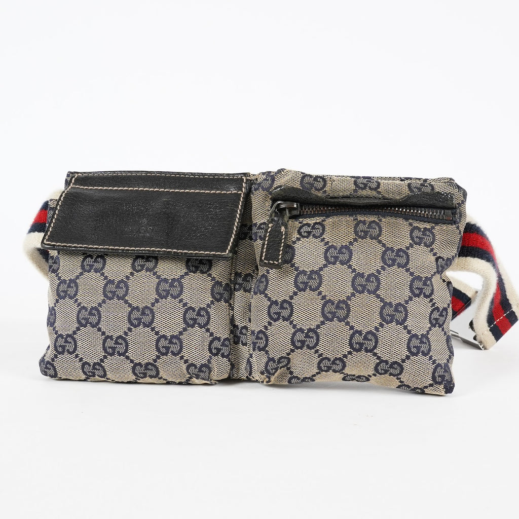 GUCCI GG Canvas Waist Belt Bag Beige Navy Sherry Web Vintage Used 08E162530010