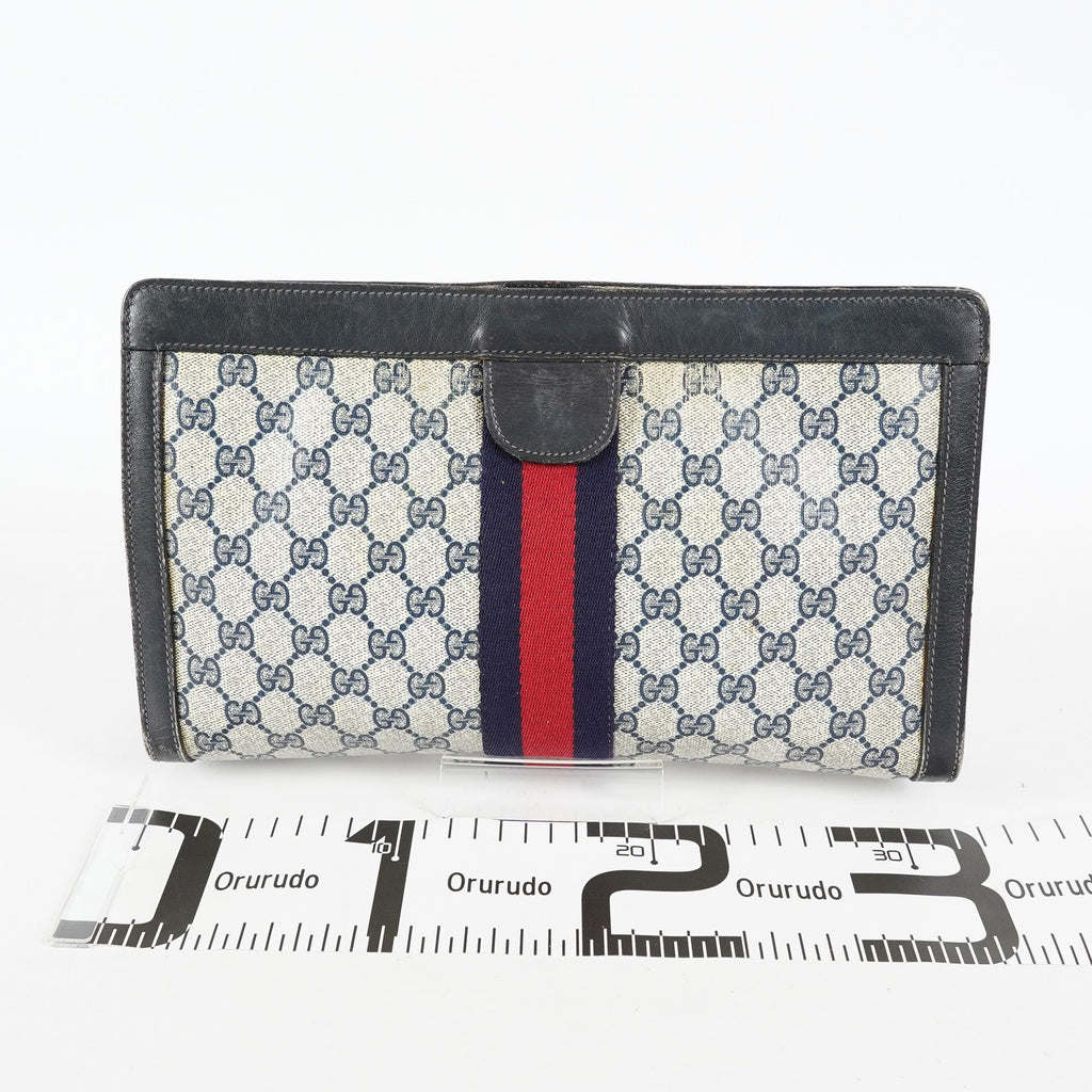 Gucci Clutch Bag Navy GG Canvas Leather Used Pouch Second Bag 09M441019708