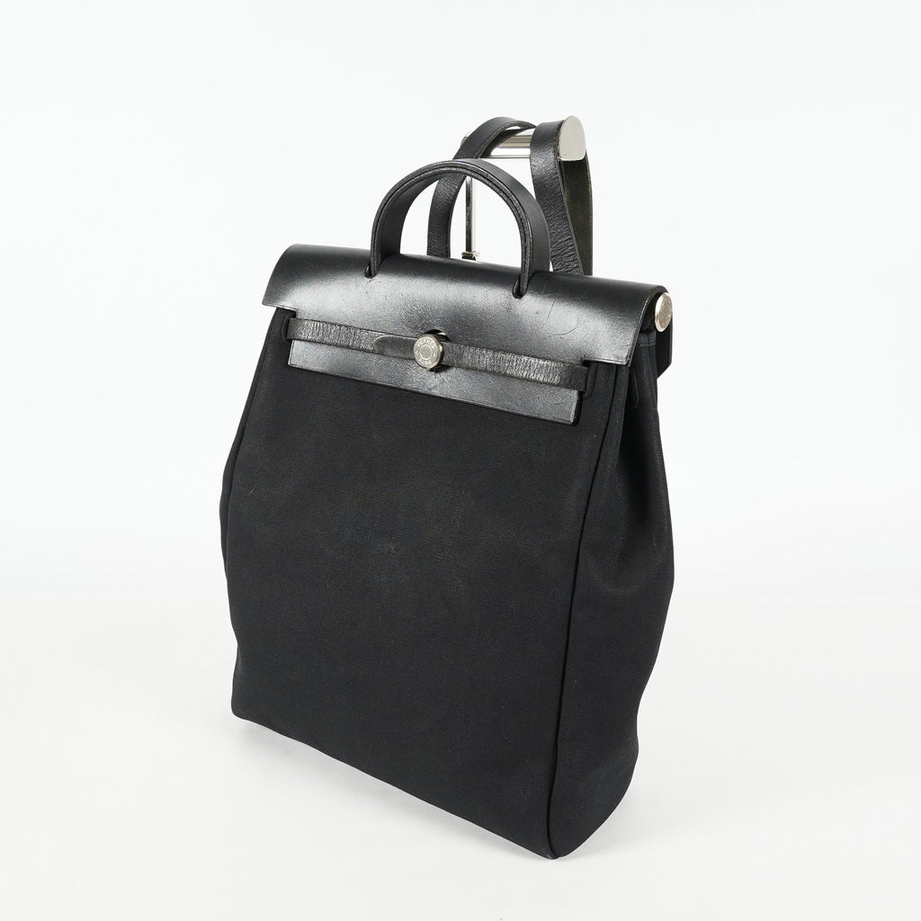 Hermes Herbag Ado Backpack 30cm Black Canvas Leather Used Auth 09E125940011
