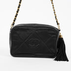 Chanel Satin Leather CC Fringe Chain Shoulder Bag Black Used 07E058800027