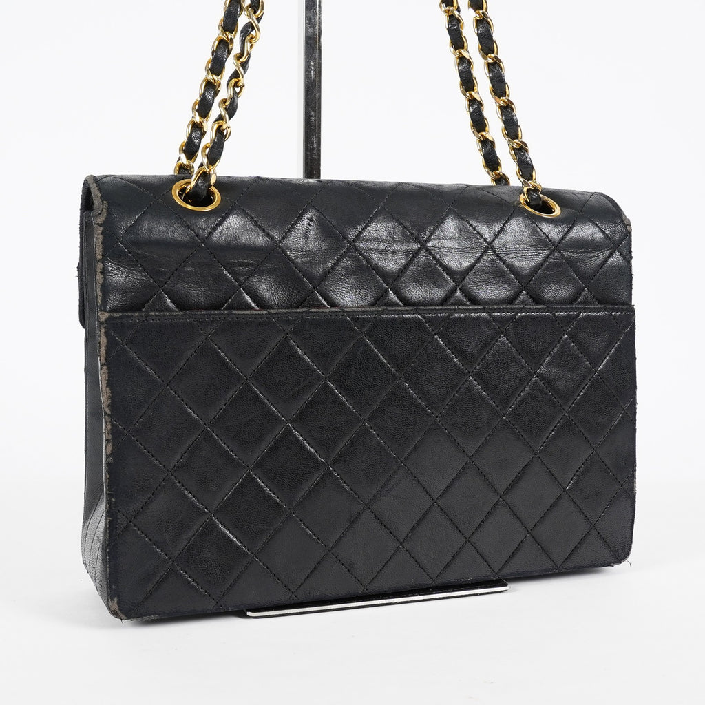 Chanel Matelasse Half Moon Flap Bag 25cm Black Quilted Chain Used 08E0717270006