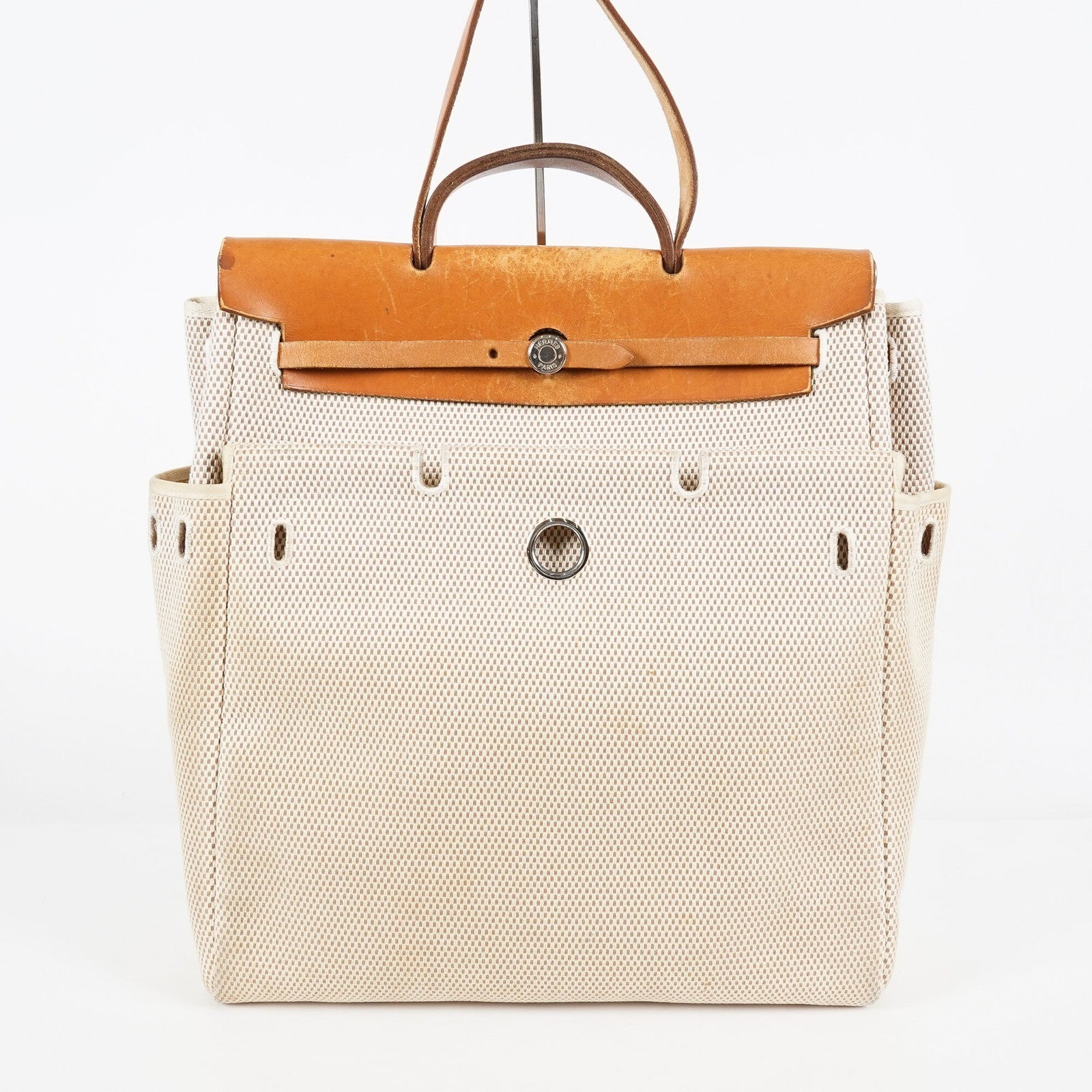 Hermes Herbag MM Toile Canvas Leather Beige 2way Handbag Bag 07E364950012