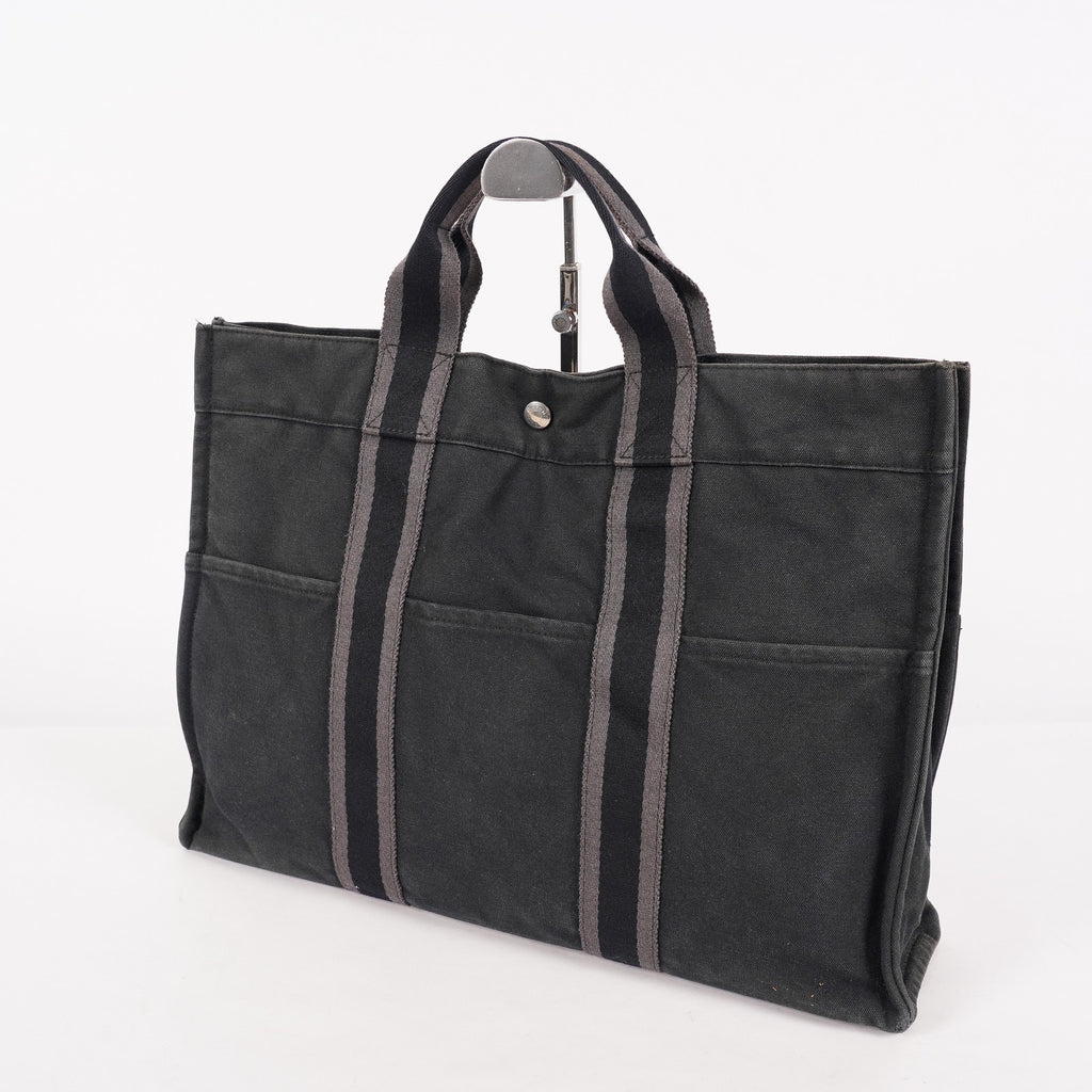 HERMES Fourre-Tout MM Black Canvas Tote Bag Hand Bag Purse Used 07A08605005