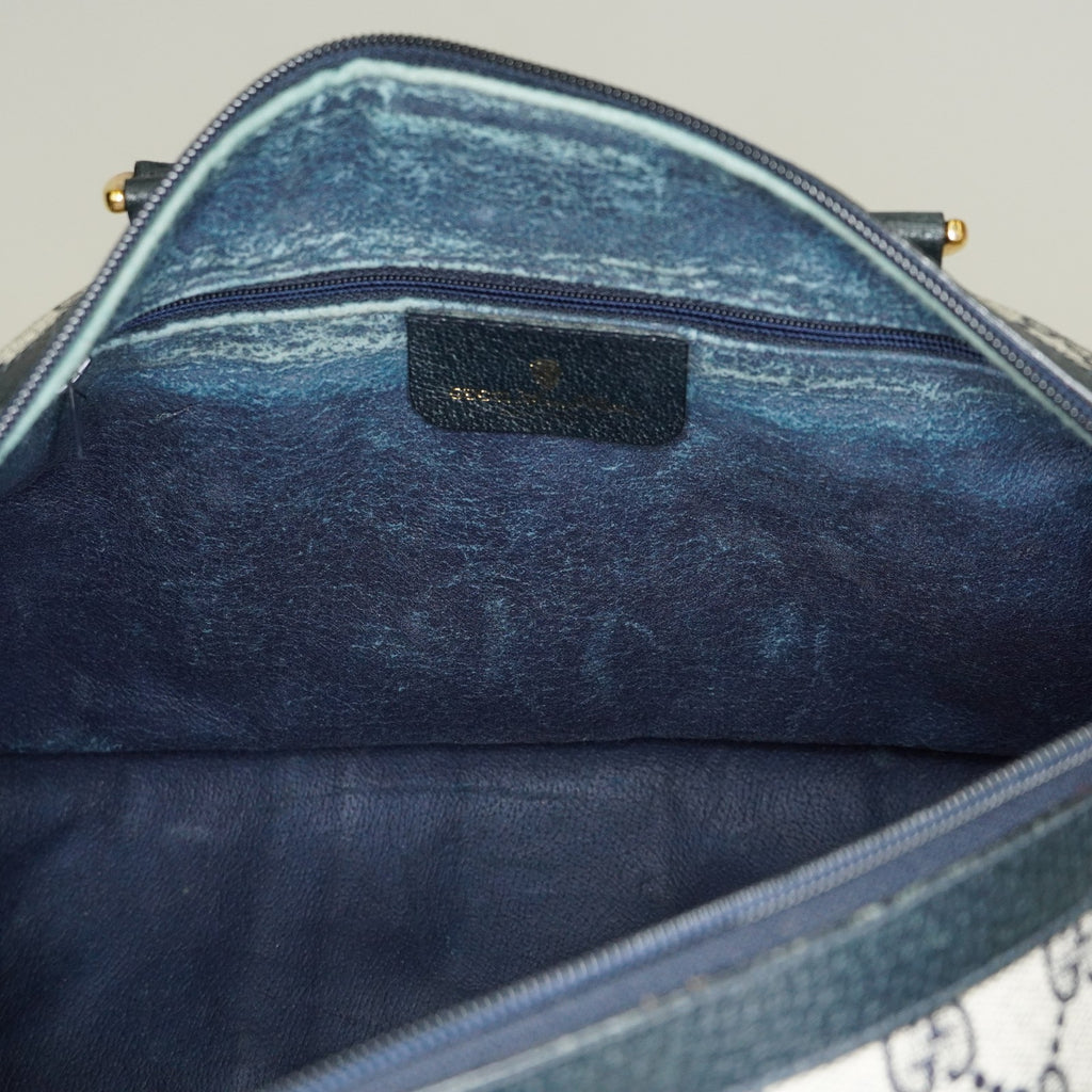 Gucci Sherry Line GG Supreme Boston Bag Navy Canvas Hand Bag Used 07E182860015