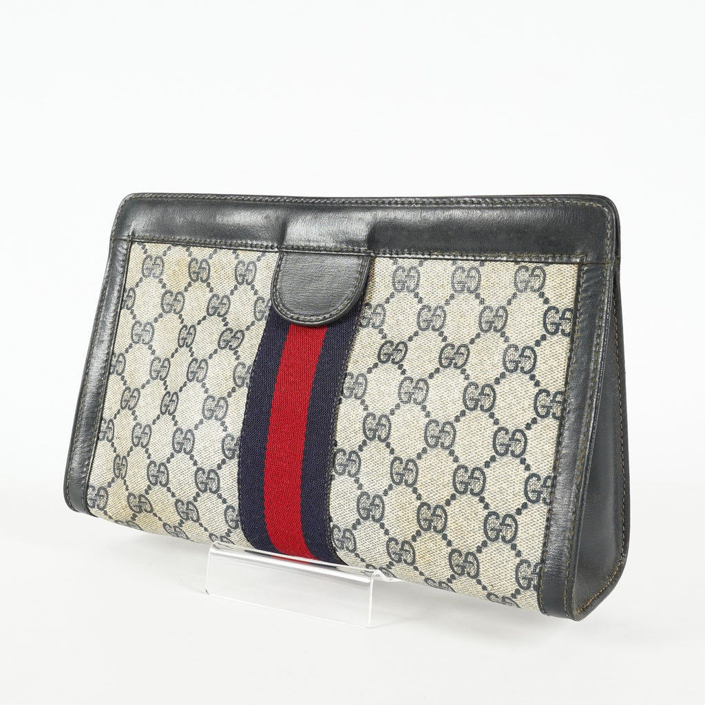 Gucci GG Supreme Clutch Bag 29cm Navy Canvas Leather Used Auth 09E20935010