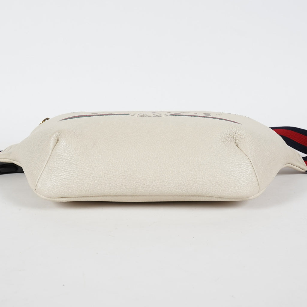 Gucci Print Belt Bag White Leather Waist Bag Web Strap Used 530412 07E013850017