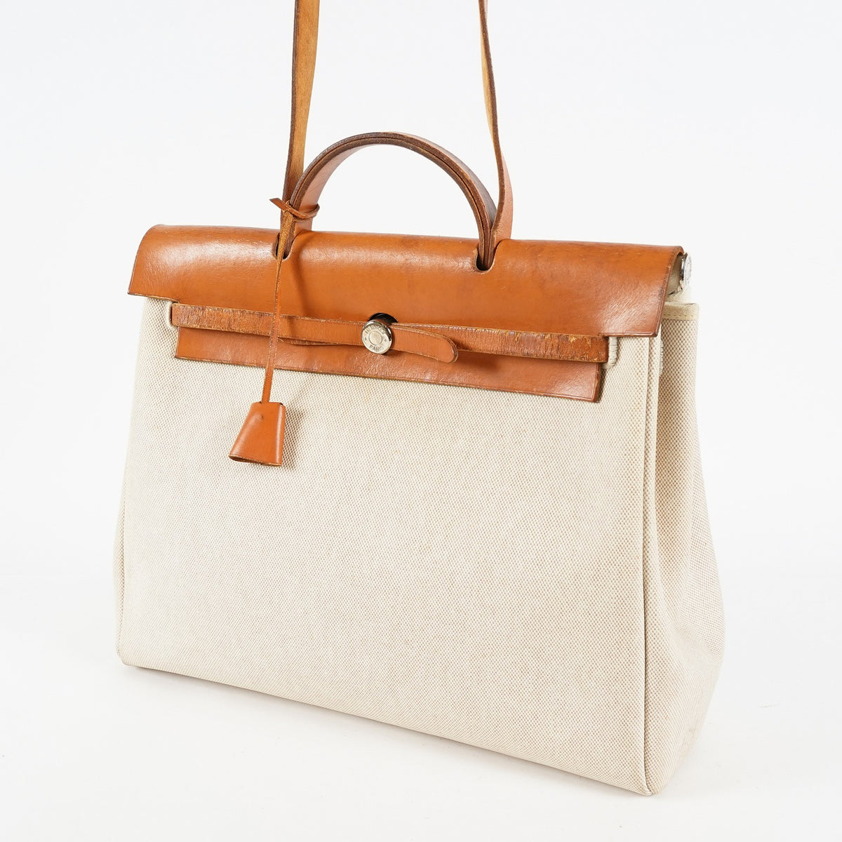 Hermes Herbag MM Beige Canvas Leather 2way Shoulder Handbag Used 09E185940006