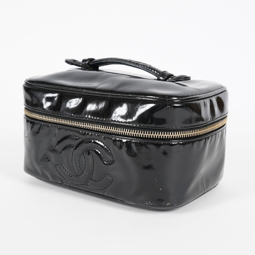CHANEL Vintage CC Logo Vanity Bag Black Patent Leather Handbag Used 08M203285717