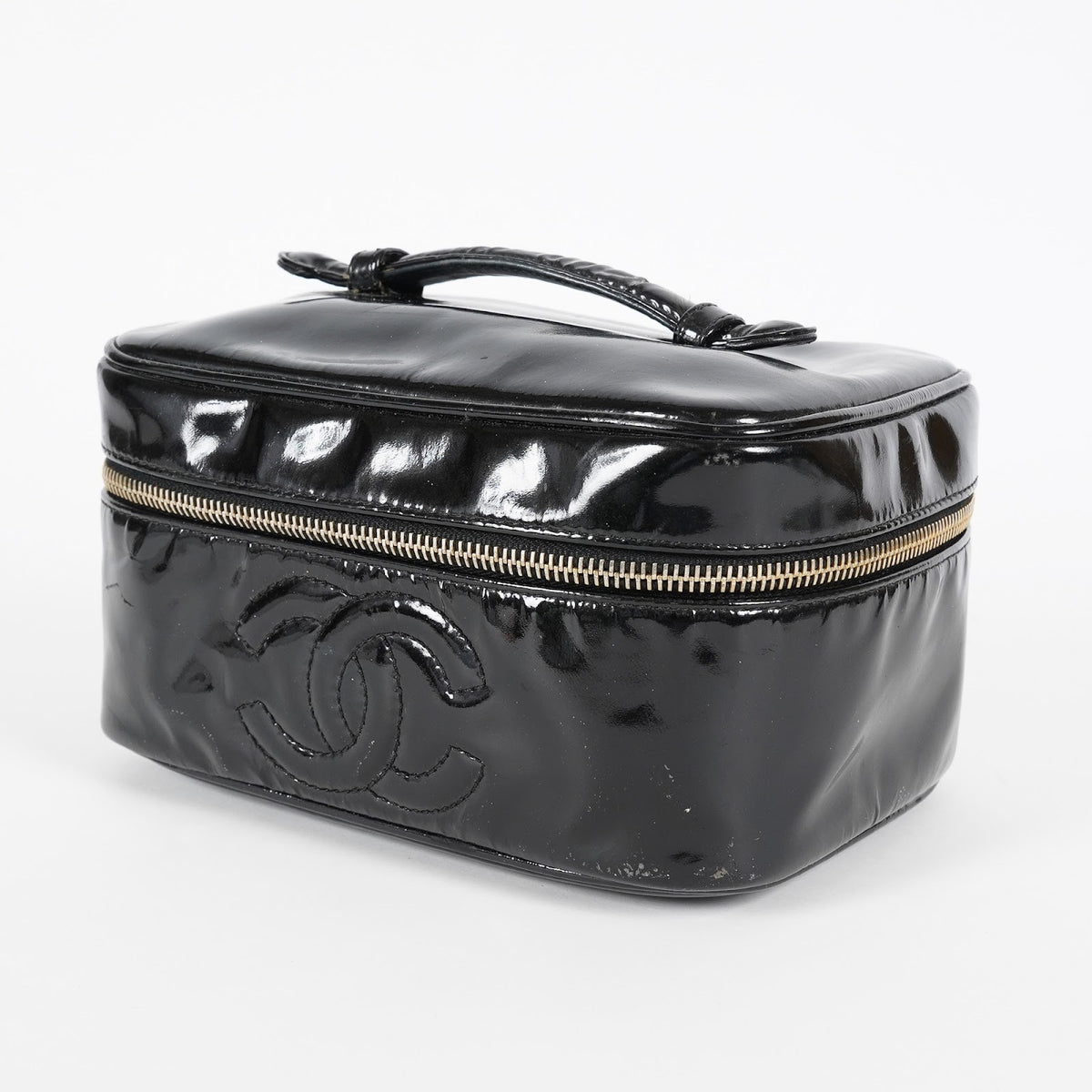CHANEL Vintage CC Logo Vanity Bag Black Patent Leather Handbag Used 08M203285717