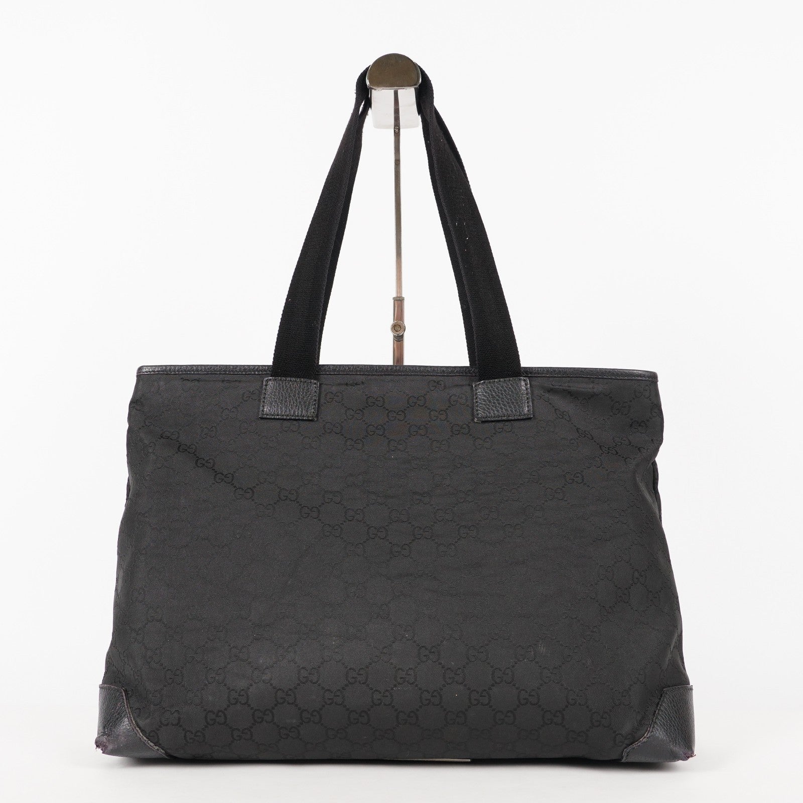 Gucci Black Nylon & Leather Tote Bag Purse With Zipper GG Monogram XY157