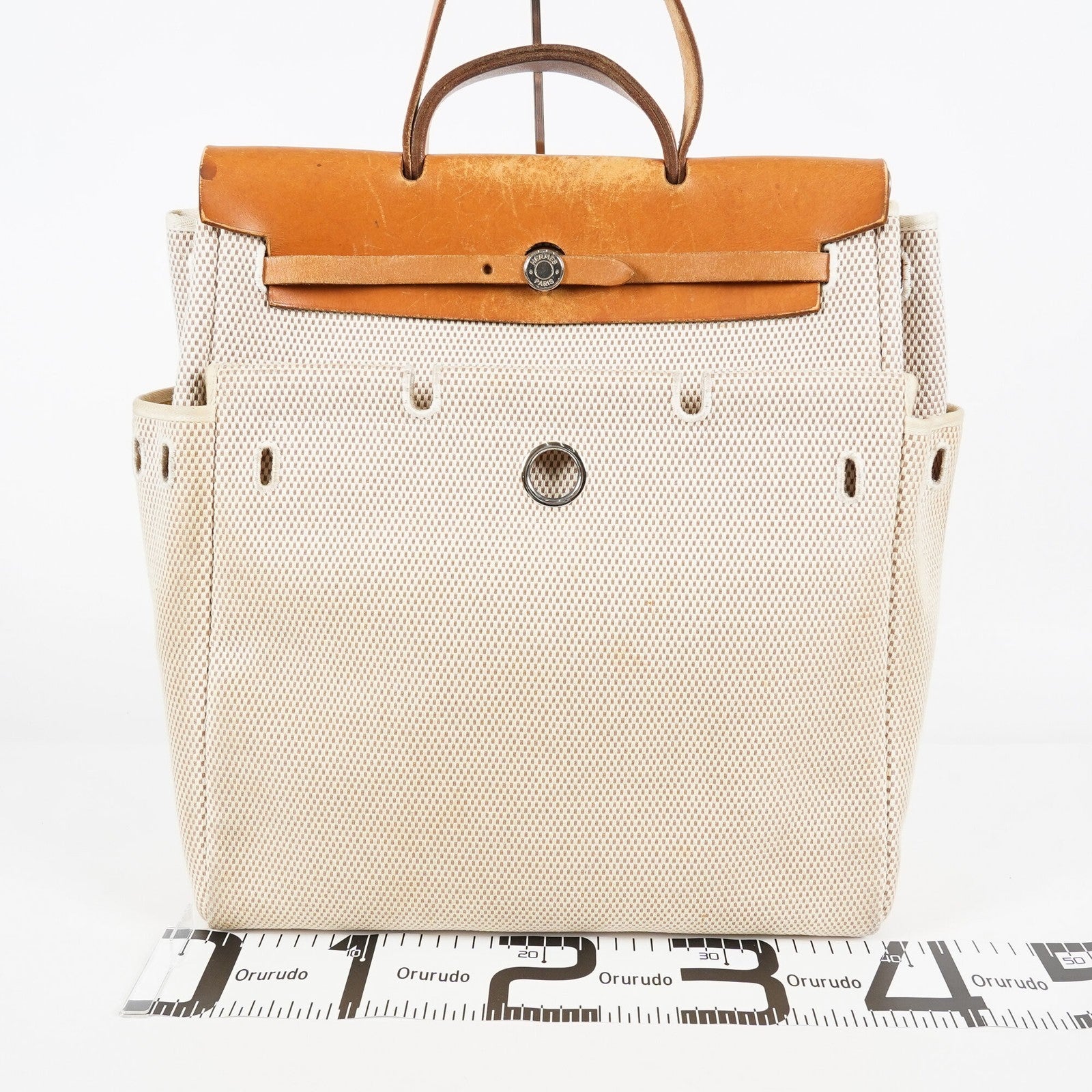 Hermes Herbag MM Toile Canvas Leather Beige 2way Handbag Bag 07E364950012