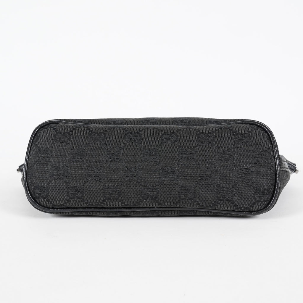 Gucci GG Canvas Boat Pochette 22cm Black Leather Trim Vintage Used 07E022310029