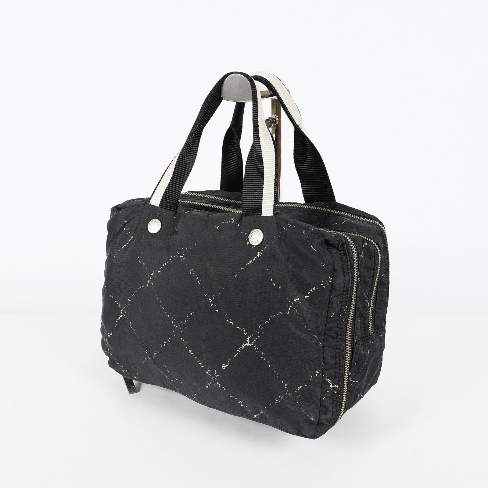 Chanel Travel Line Tote 26 Black Nylon Jacquard Hand Bag Used 07E131155015