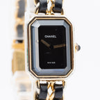 CHANEL Première Quartz Ladies Watch Gold × Black Leather Bracelet 04E039570007