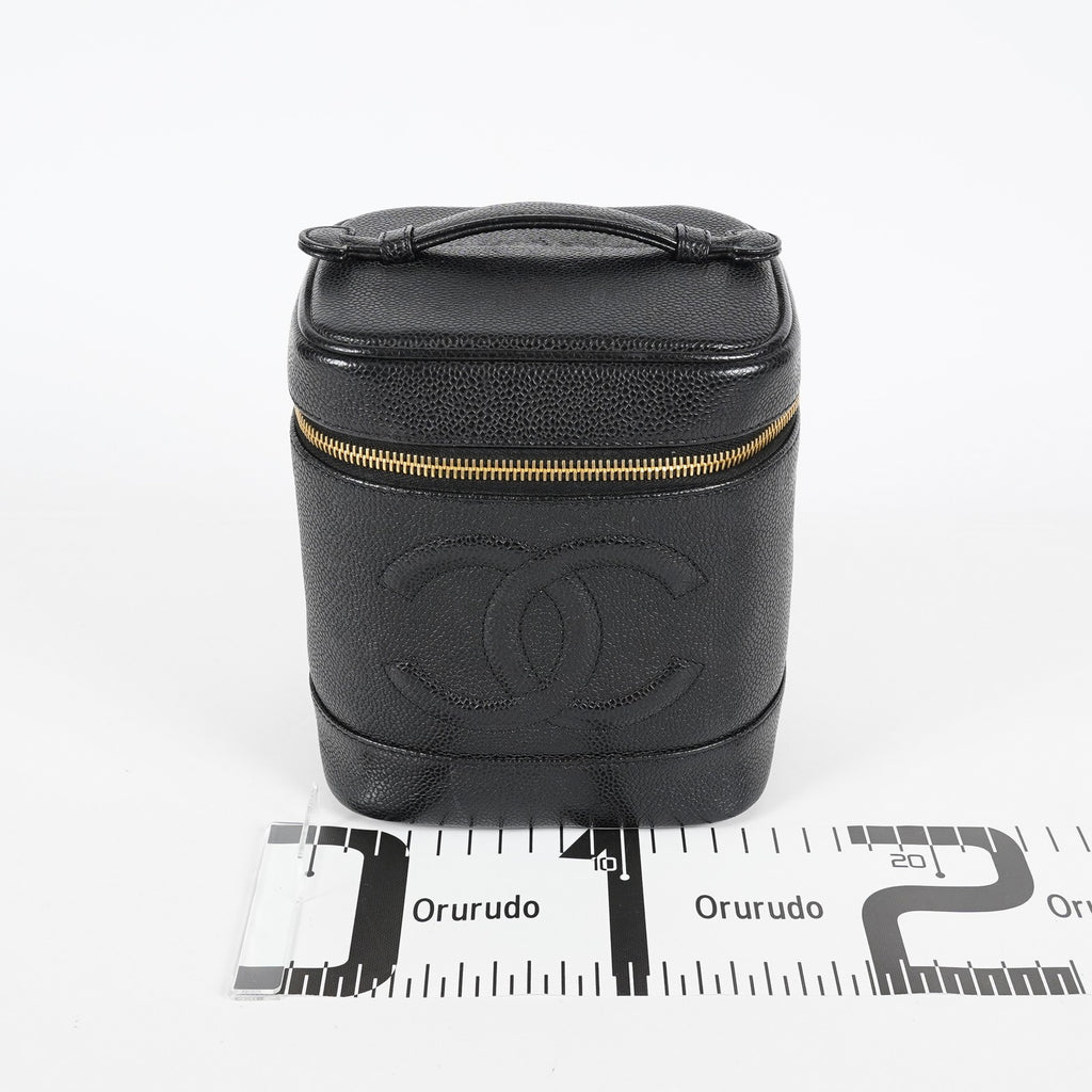 Chanel Caviar Skin CC Vanity Bag 16cm Black Leather Vintage Used 07E016820029