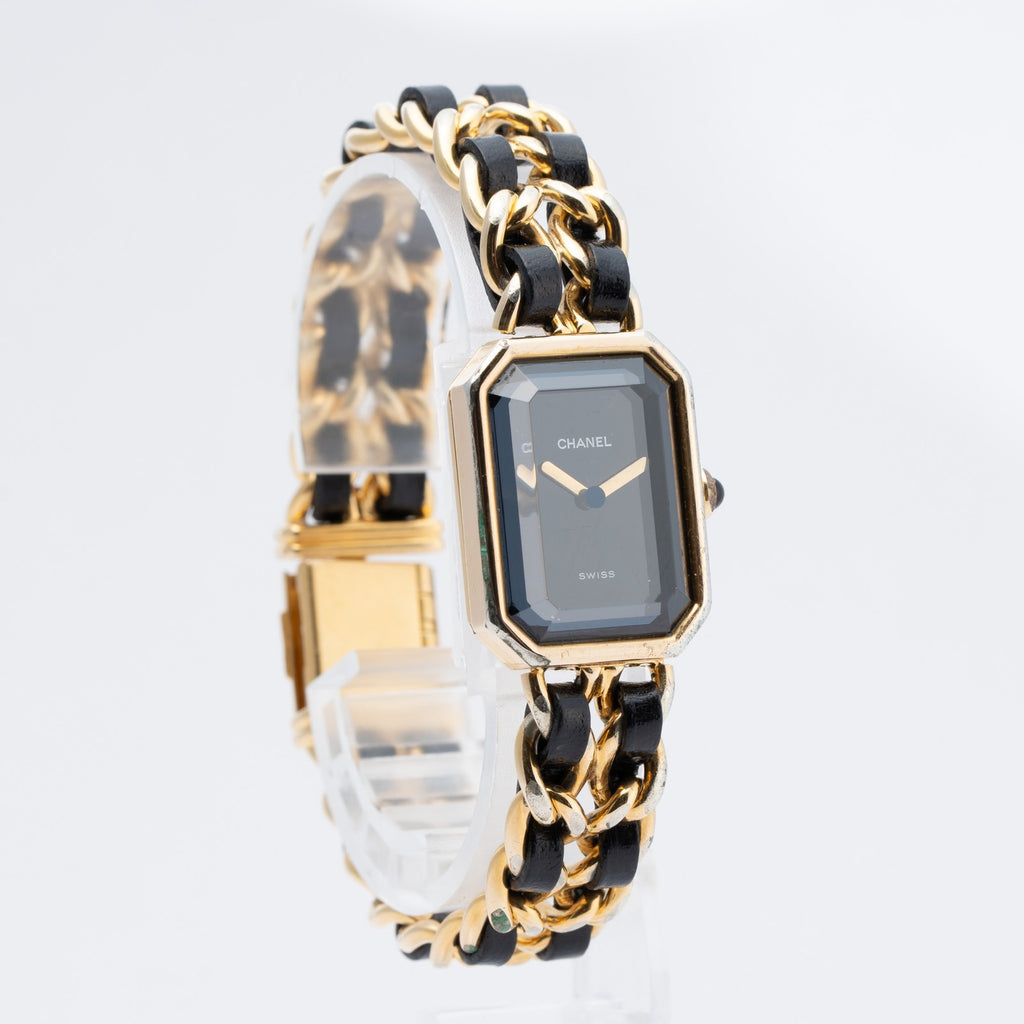 CHANEL Première Quartz Ladies Watch Gold × Black Leather Bracelet 04E039570007