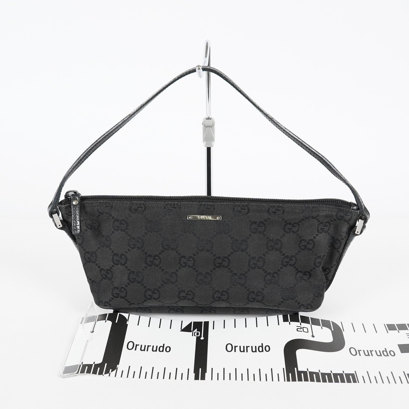 Gucci GG Canvas Boat Pochette 22cm Black Leather Trim Vintage Used 07E022310029