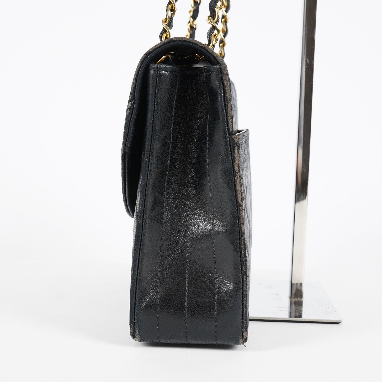 Chanel Matelasse Half Moon Flap Bag 25cm Black Quilted Chain Used 08E0717270006
