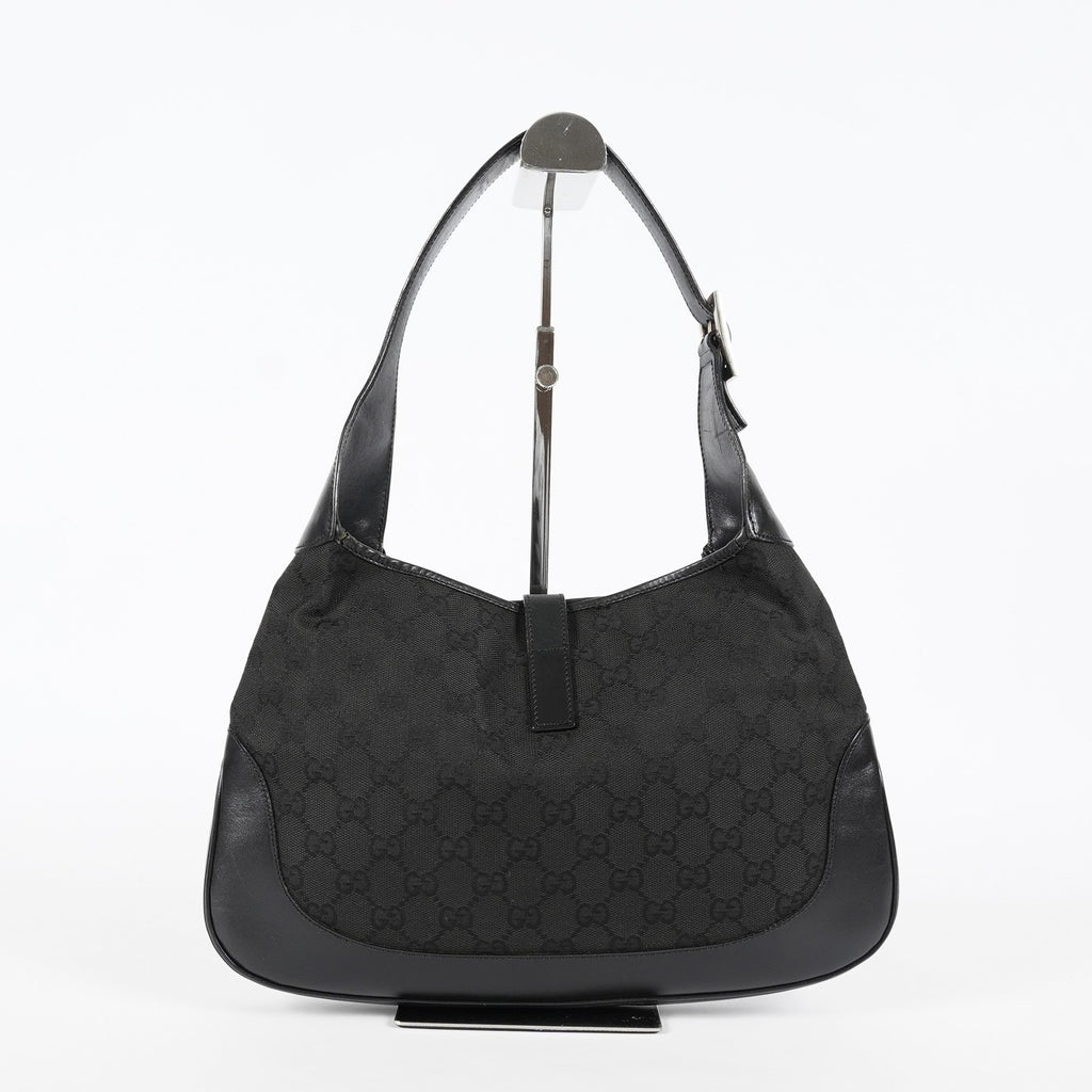 Gucci GG Canvas Shoulder Bag 30cm Black Leather Trim Vintage Used 07E263740009