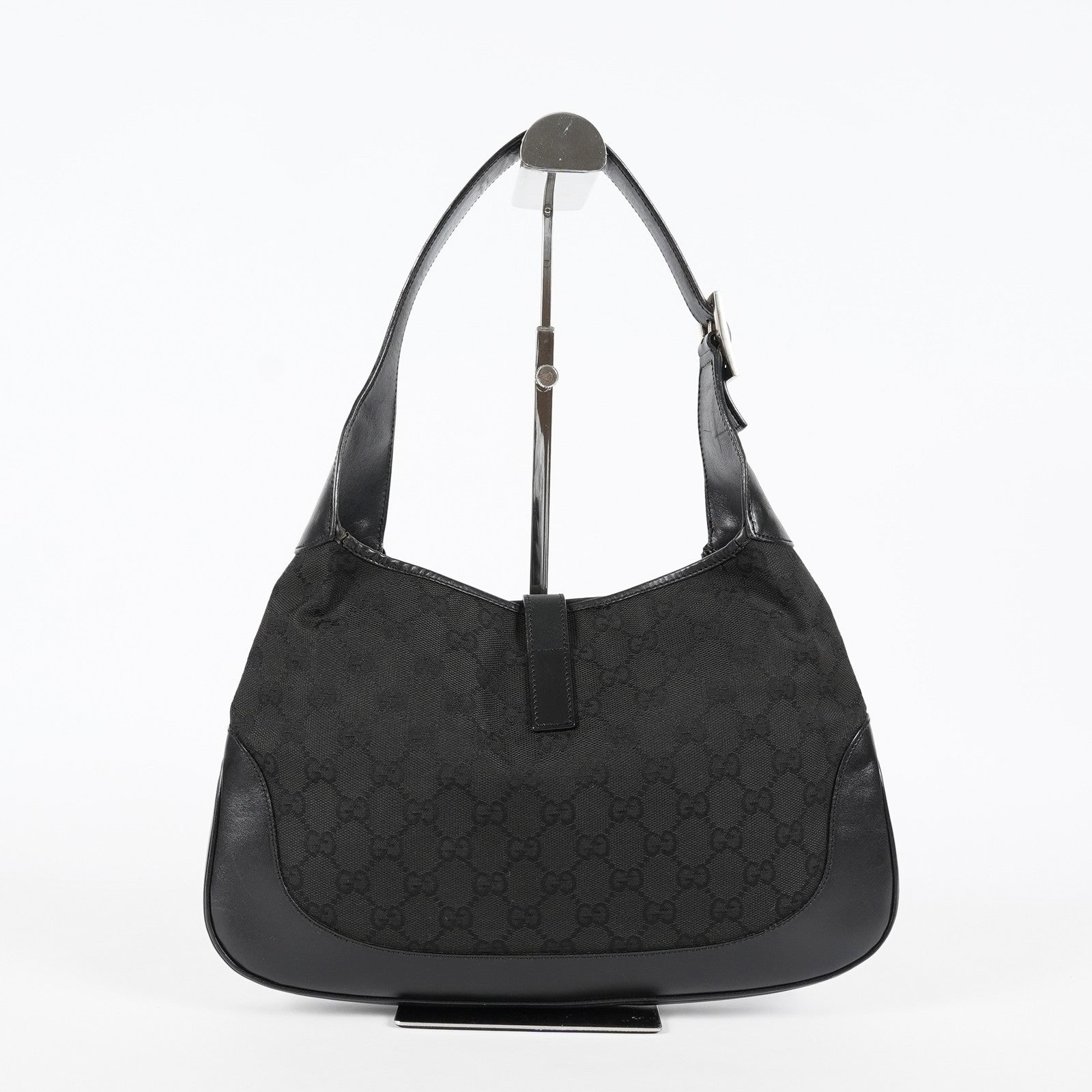 Gucci GG Canvas Shoulder Bag 30cm Black Leather Trim Vintage Used 07E263740009