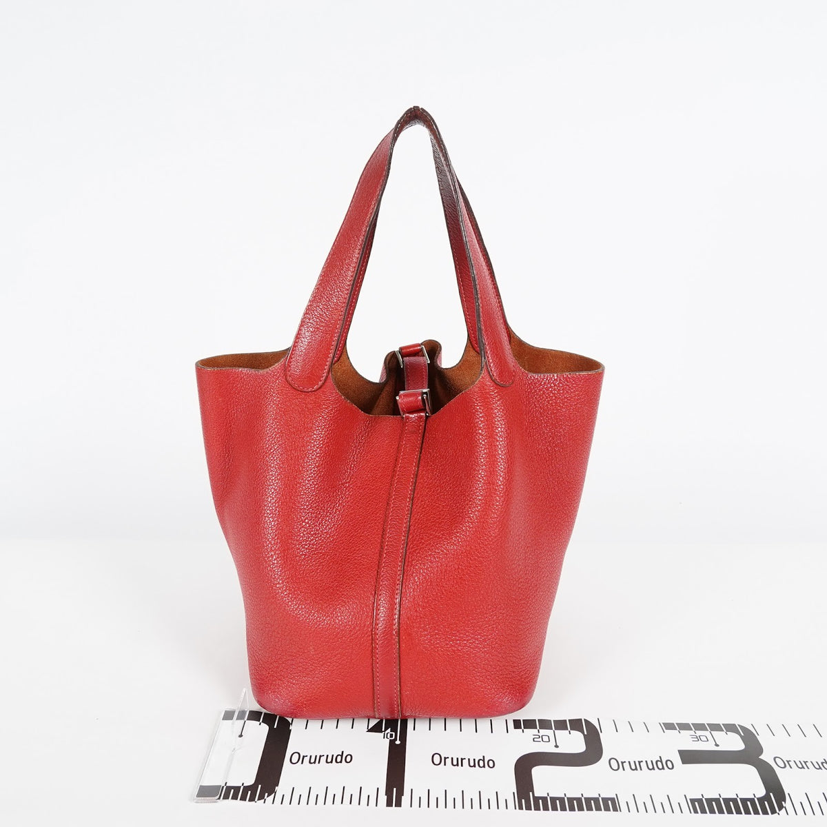 HERMES Picotin PM Red Leather Bucket Tote Bag Silver Hardware Used 08M3418241317