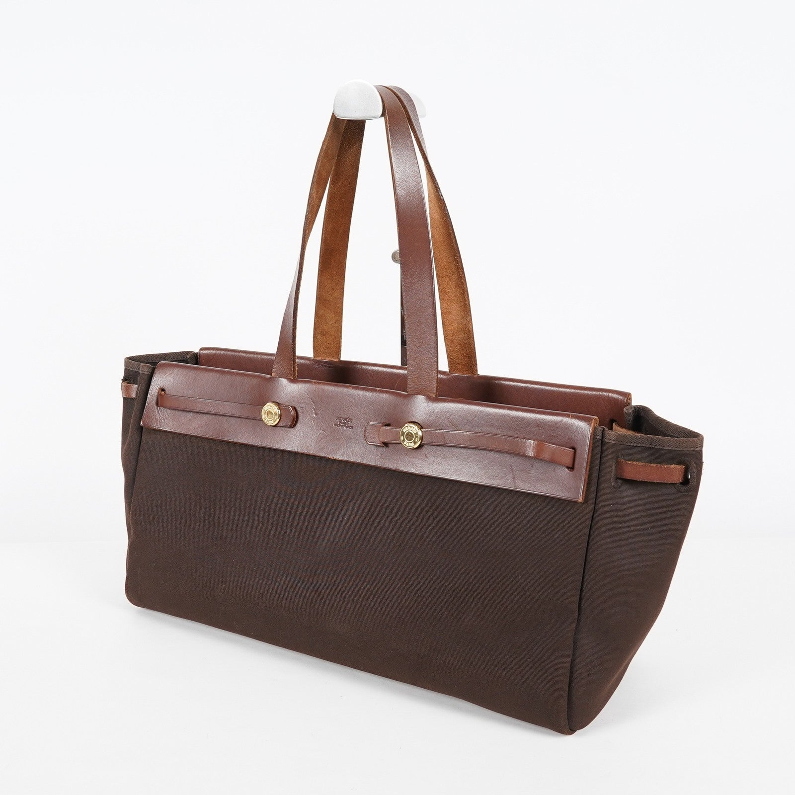 HERMES Herbag Cabas PM Brown Canvas & Leather Tote Bag Used Vintage 07A185720031