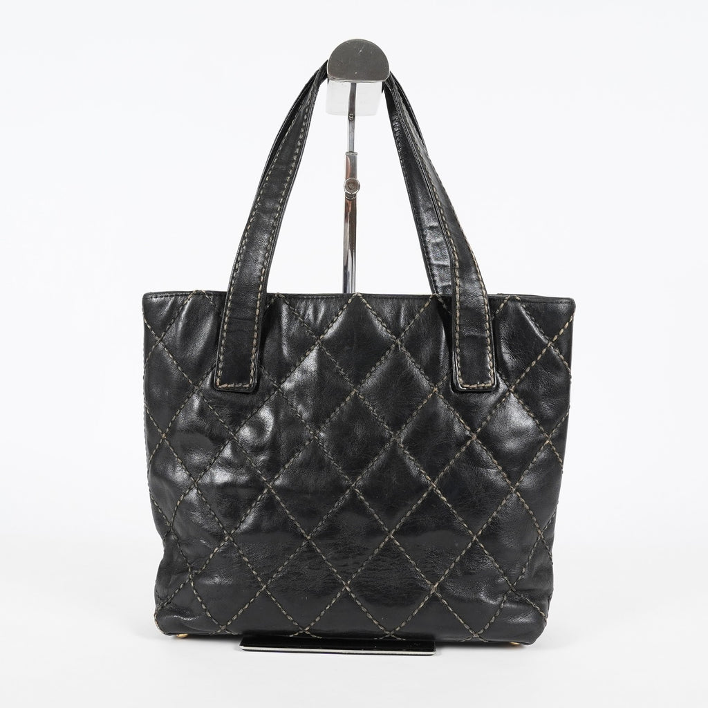 Chanel Wild Stitch Tote Bag Black Calfskin Leather CC Logo Used 07E077260010